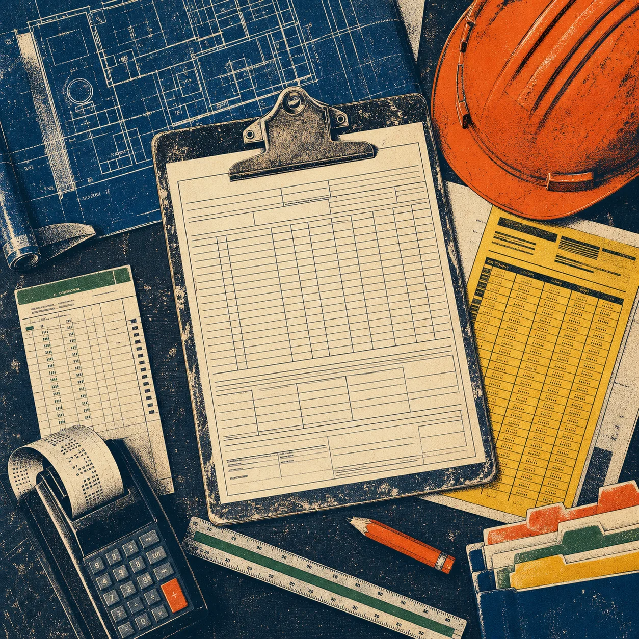 Illustrated certified payroll field kit with a hardhat, clipboard, wage table, calculator, plans, and job documents